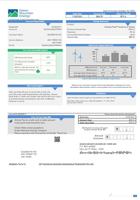 USA Green Mountain Energy business utility bill template in Word and PDF formats